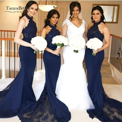 Navy Mermaid Bridesmaid Dresses Halter Neck with Lace Maid of Honor Gowns Long Formal Wedding Guest Party Dresses