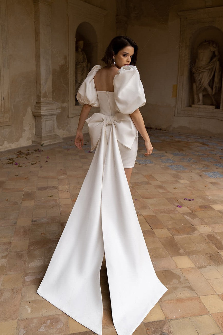 Satin Short Wedding Dresss Puff Sleeve With Detachable Big Bow DW694 – TANYA BRIDAL