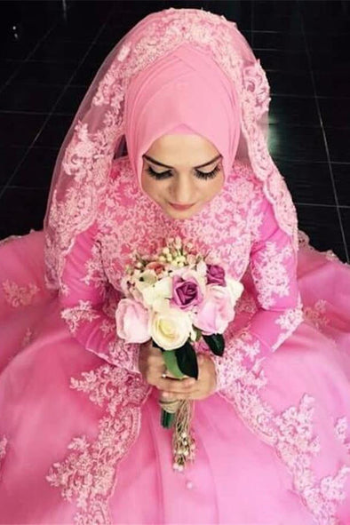 Muslim Pink Wedding Dresses Long Sleeve Applique Lace Bridal Gowns TBW26