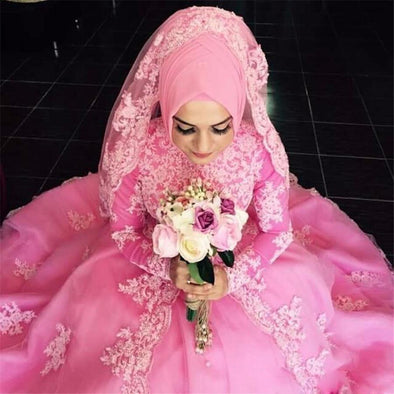 Muslim Pink Wedding Dresses Long Sleeve Applique Lace Bridal Gowns TBW26