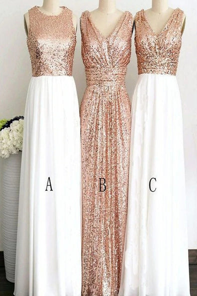 A/B/C Pattern Long Sequins Rose Gold Bridesmaid Dresses