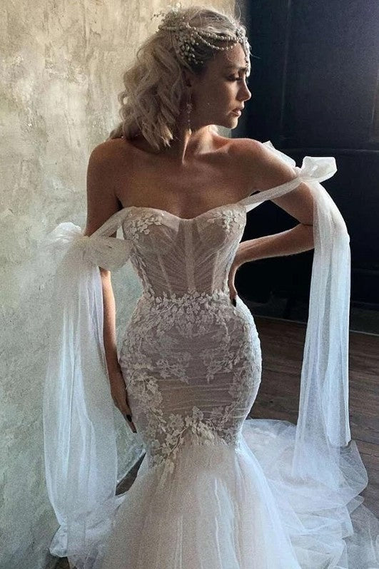 Sexy Mermaid Wedding Dresses Champagne LIning Lace off Shoulder – TANYA BRIDAL