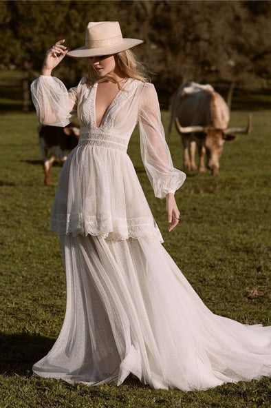 Full Sleeves Point Bohemian Wedding Dress V Neck Sweep Train Robe De Mariée