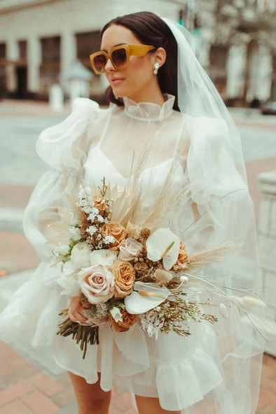 Mini Organza Long Bishop Sleeves Micro Wedding Dress