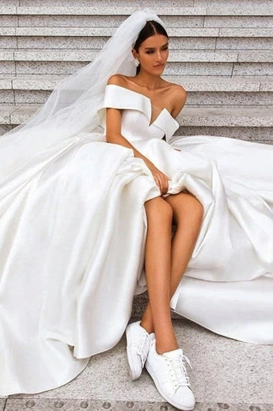 Off The Shoulder Simple A Line Satin White Wedding Dress