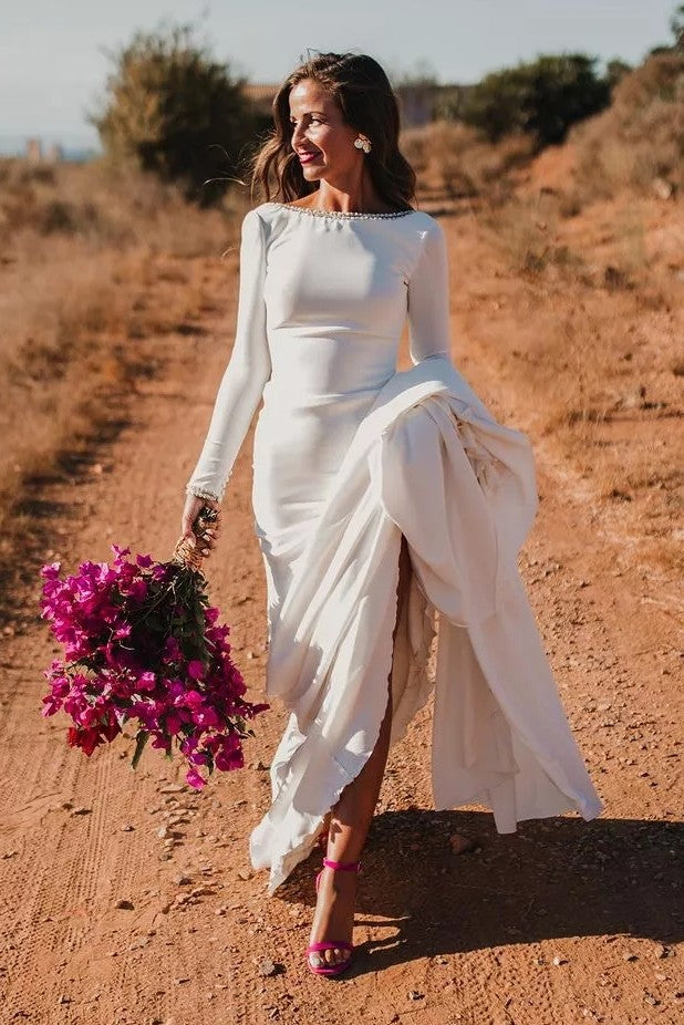 Vintage Crepe Long Sleeve Wedding Dress TANYA BRIDAL Vintage Crepe Long Sleeve Wedding Dress TANYA BRIDAL