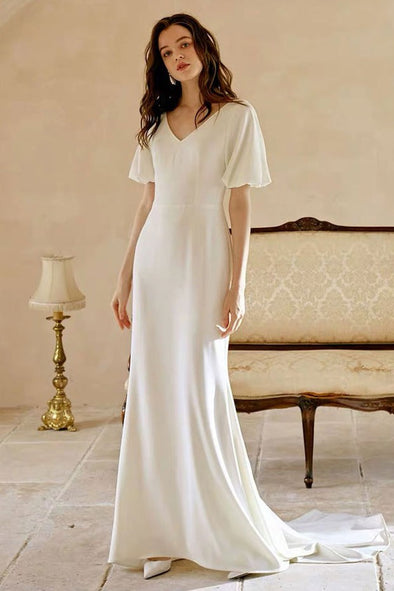 Elegant V Neck Short Sleeves Mermaid Simple Wedding Dress