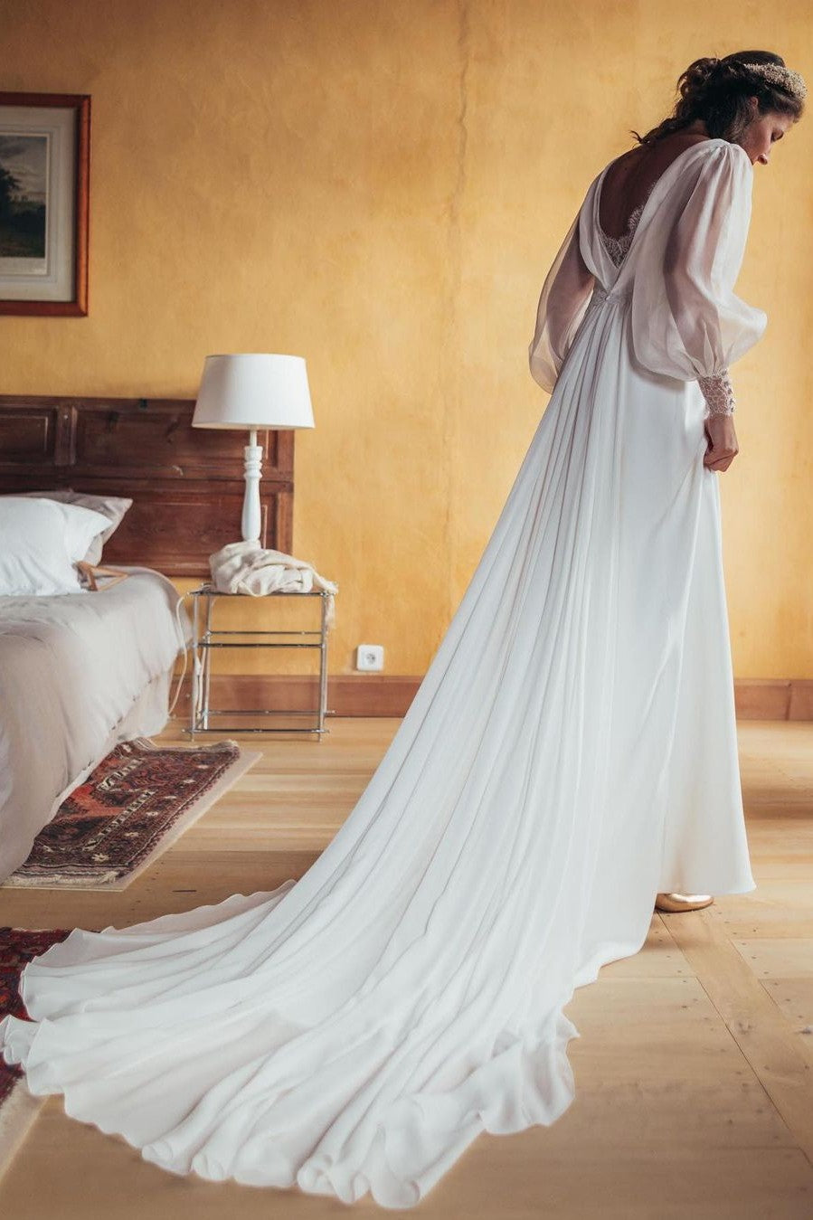 long sleeve button back wedding dress Ivory Lace Wedding Dress, Long-sleeve Button Back Long Train Gown, Open Back, Lace & Chiffon. AURORA