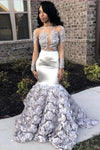 Mermaid Silver Long Sleeves Rose Flower Prom Dress