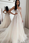 A Line V Neck Light Champagne Appliques Modest Wedding Dresses