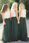 Ivory Lace And Dark Green Tulle A Line Long Bridesmaid Dress