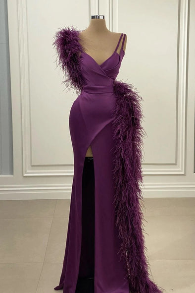 Chic Purple Feather Evening Dresses With Straps