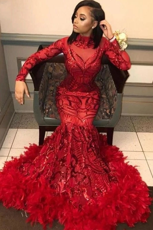 Red Mermaid African Prom Dress Feather Long Sleeve TANYA BRIDAL Red Mermaid African Prom Dress Feather Long Sleeve TANYA BRIDAL