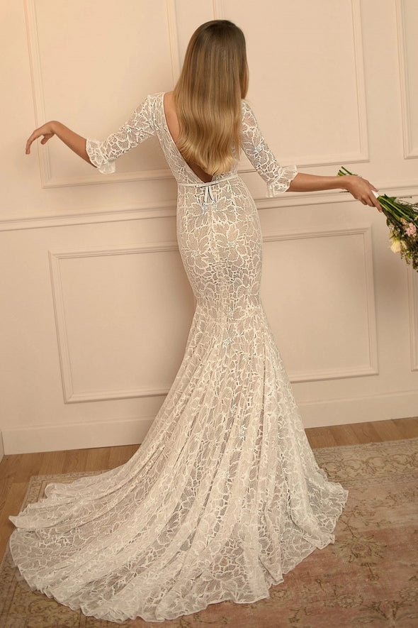 Half Sleeve Lace Mermaid Wedding Dresses V-Neck ZW946
