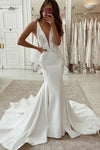 Mermaid Deep V Neck Wedding Dress Court Train With Lace Appliques