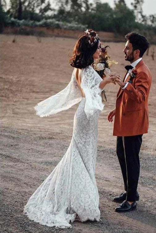 Lace Flare Sleeves Backless Mermaid Long Wedding Dresses