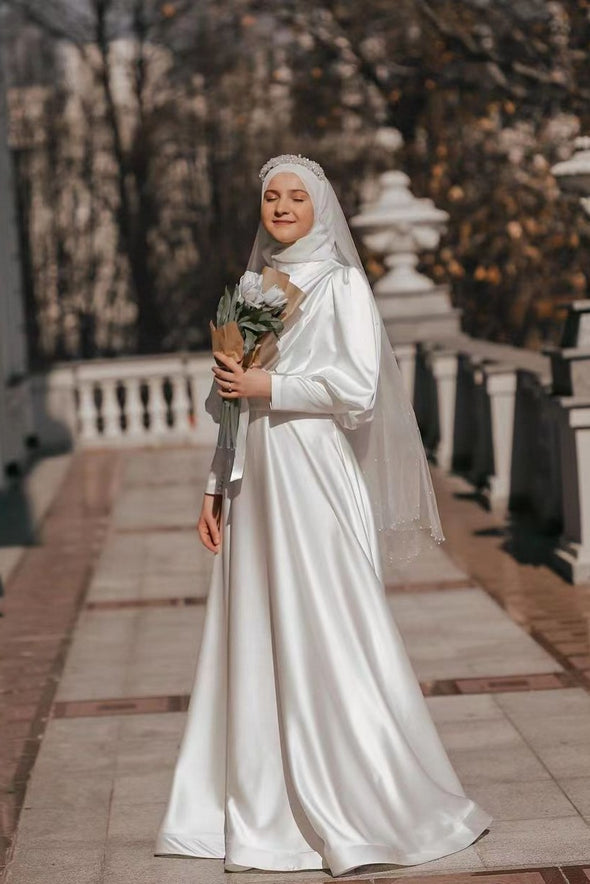 Modest A Line Long Arabic Wedding Dress Muslim