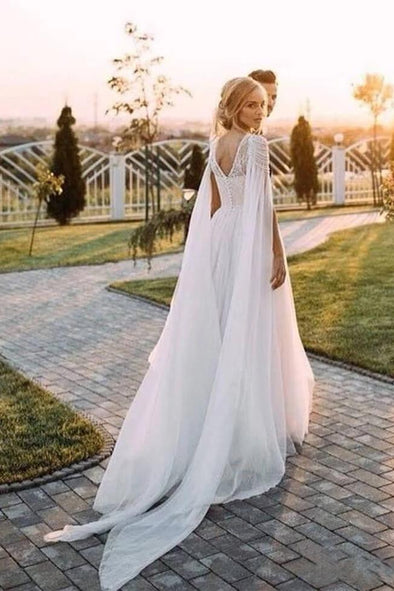 Bohemian Long Flare Sleeves Chiffon Lace Wedding Dress With Beadings