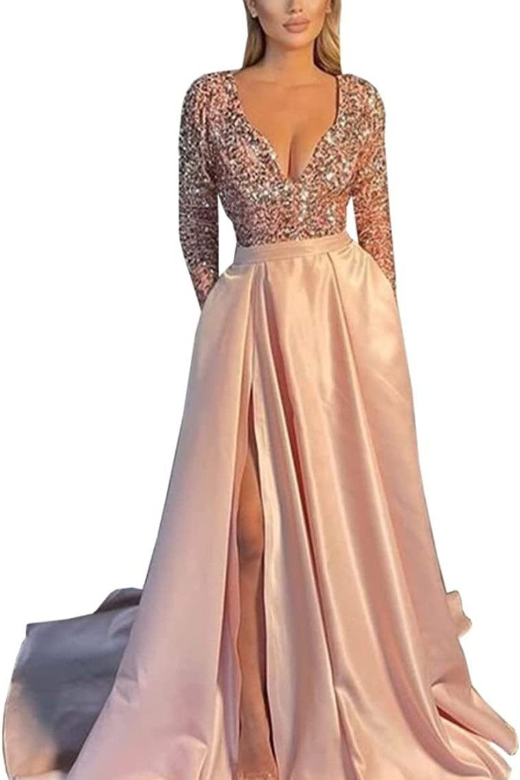 A Line V Neck Long Sleeves Women Evening Dress With Pockets – TANYA BRIDAL A Line V Neck Long Sleeves Women Evening Dress With Pockets – TANYA BRIDAL