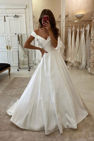 V Neck Off The Shoulder A Line Satin Simple Wedding Dress