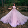 A Line One Shoulder Open Front Dot Tulle Pink Prom Dresses