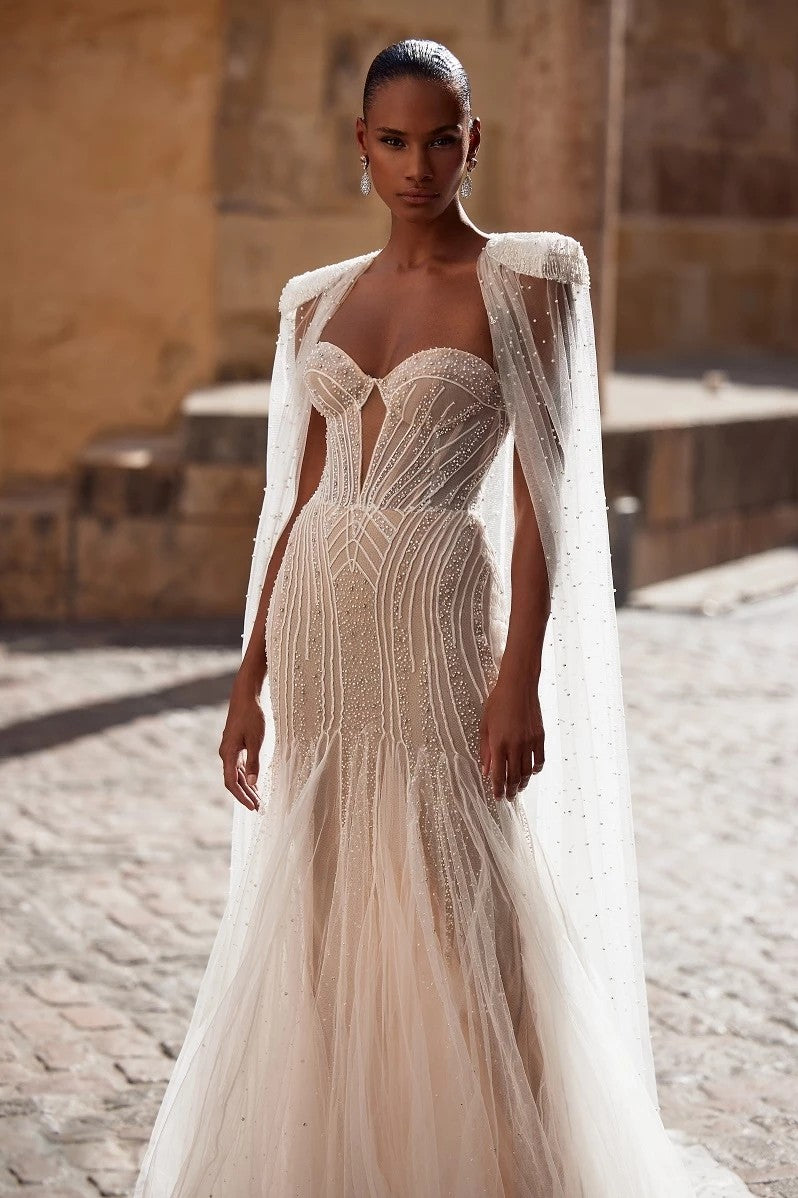 Sheer Shrug Wedding Dress Ivory Tulle Beaded Wedding Bolero Long