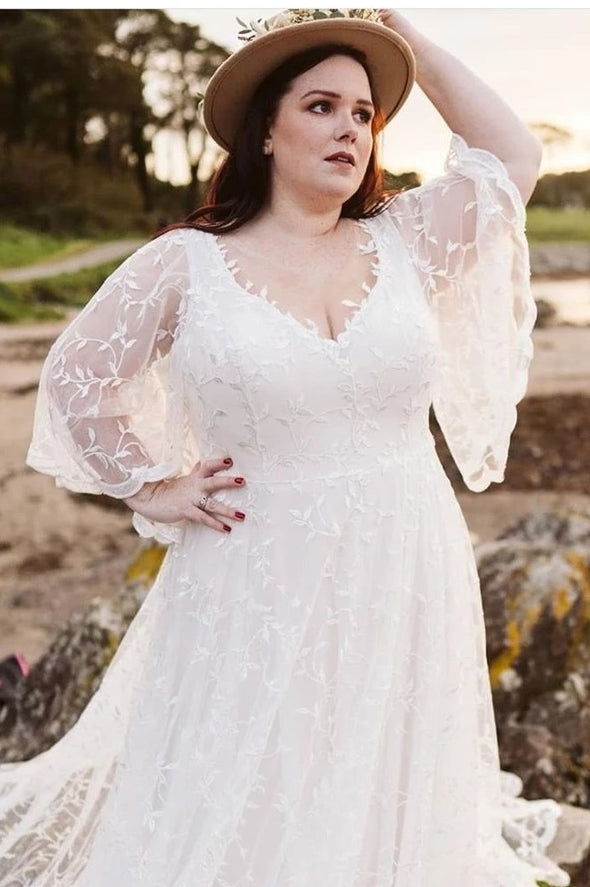 Plus Size V Neck Flare Sleeves Bohemian Lace Wedding Dress