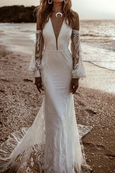 Bohemian Open Back Detachable Sleeve Mermaid Lace Wedding Dress