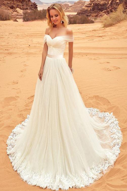 wedding dress off shoulder straps Shimmering tulle ballgown wedding dress with off-the-shoulder straps