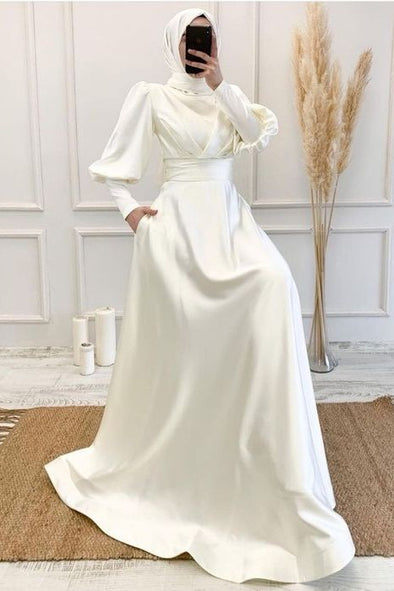 Soft Satin Long Wedding Dress For Muslim Bride