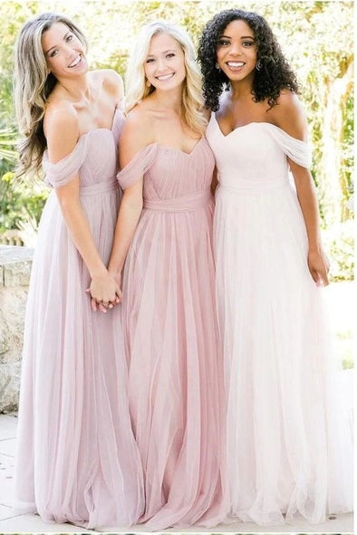 Mesh Tulle A Line Off The Shoulder Long Bridesmaid Dress