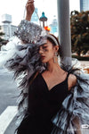 Black and Grey Layered Tulle and Feather luxury Cape Wedding Long Jacket ZJ049