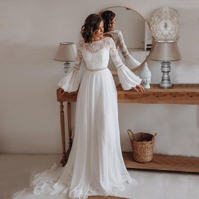 Chiffon A Line Wedding Dresses Long Sleeve Bohemian Beach Bridal Gowns ZW403