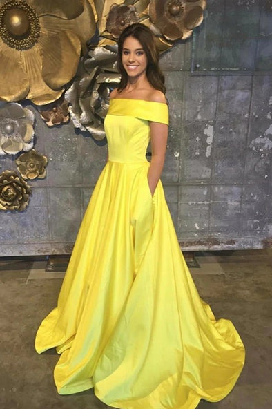 Off The Shoulder Simple Satin Long A Line Prom Dress