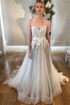 Elegant Gray Tulle Wedding Dress With Ivory Lace Appliques