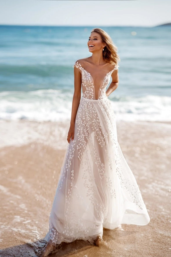 Deep V-Neck A Line Beach Wedding Dresses Leaf Lace ZW800 – TANYA BRIDAL