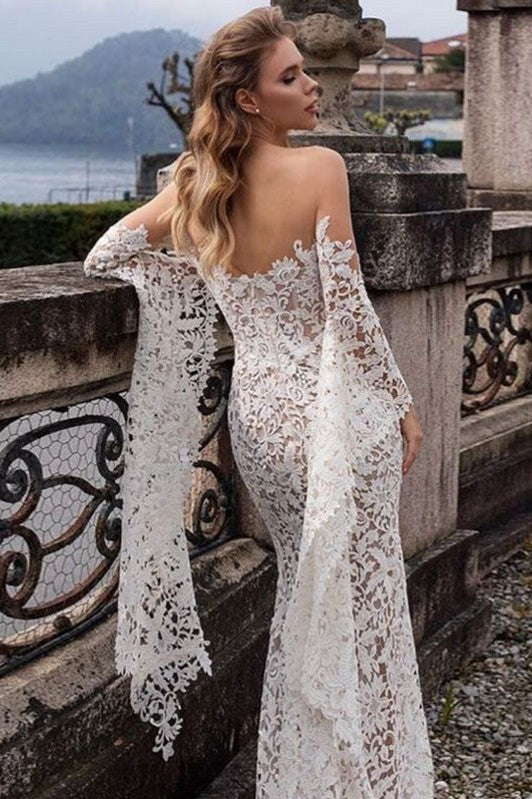 Elegant Floral Lace Illusion Neck Flare Sleeves Champagne Lining Wedding Dress