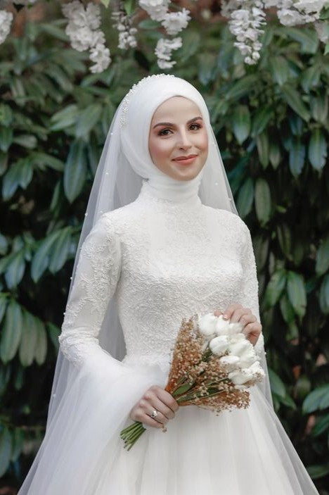 Lace Beads Long Sleeves Tulle Muslim Wedding Gown Islamic Bride