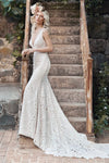 Mermaid V Neck Sleeveless Leaf Lace Wedding Dress SPF076
