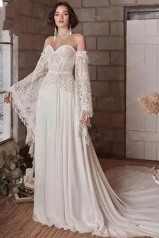 Chic Boho Lace Tassel Flared Sleeves Backless Beach Wedding Dress