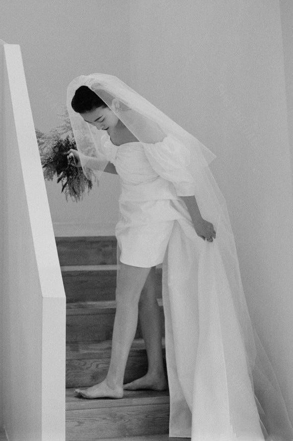 Short Mini Taffeta Wedding Dress Off The Shoulder With Detachable Long Tail Korea Noiva ZW735