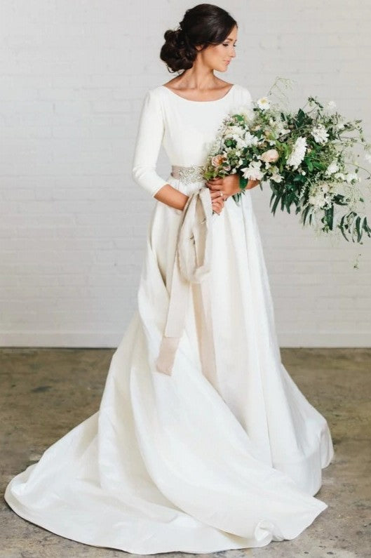 Modest Elegant Satin Wedding Dress Backless With Beads Belt TANYA BRIDAL Modest Elegant Satin Wedding Dress Backless With Beads Belt TANYA BRIDAL