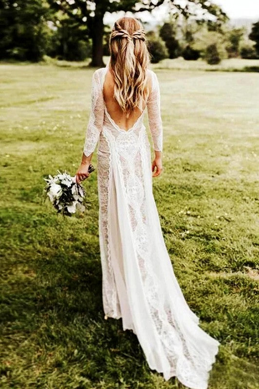 Champagne Lining Floral Lace Backless Sheath Wedding Dress - Champagne Lining Floral Lace Backless Sheath Wedding Dress -