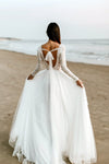 Long Sleeves V Neck Backless Lace A Line Wedding Bridal Dress