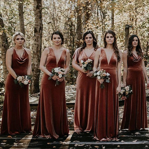 Velvet Bohemian Bridesmaid Dresses Sexy V-neck Backless Country Style