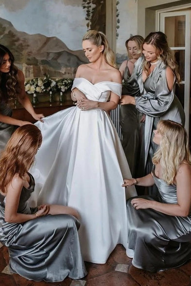 Off The Shoulder A Line Satin Modest Wedding Dress