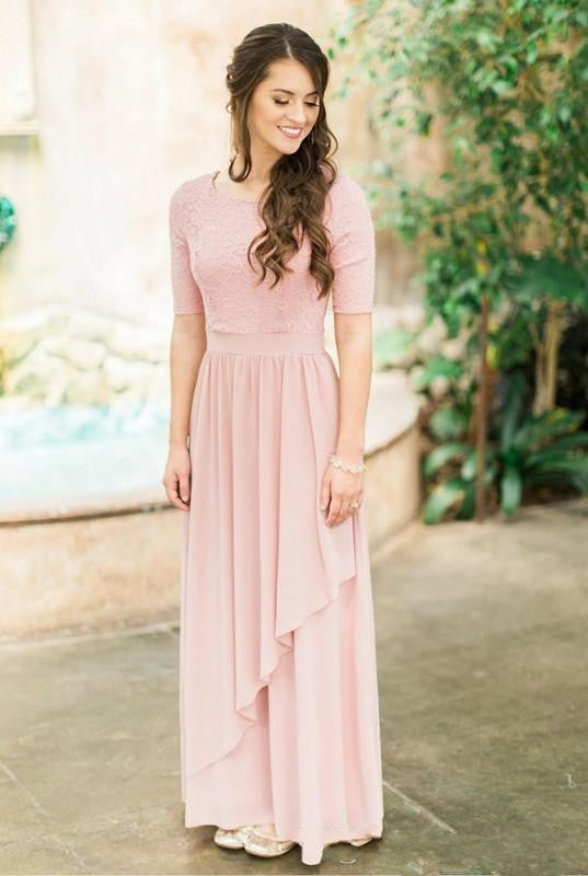 Rose Dusty Lace Chiffon Long Modest Bridesmaid Dresses – TANYA BRIDAL