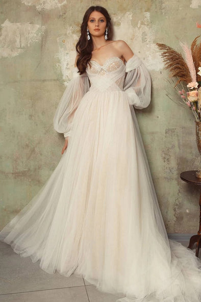 Bohemian Tulle A Line Lantern Sleeve Bridal Dress