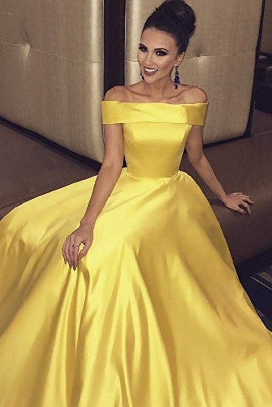 Off The Shoulder A Line Yellow Satin Prom Dress Floor Length