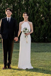 Pearl Neck Sheath Simple Long Wedding Dress Elegant TT460